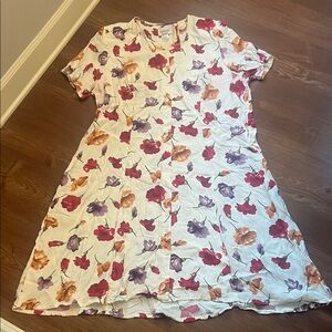 Floral Button-Front Midi Dress in Cream with Red, Purple & Orange Blooms